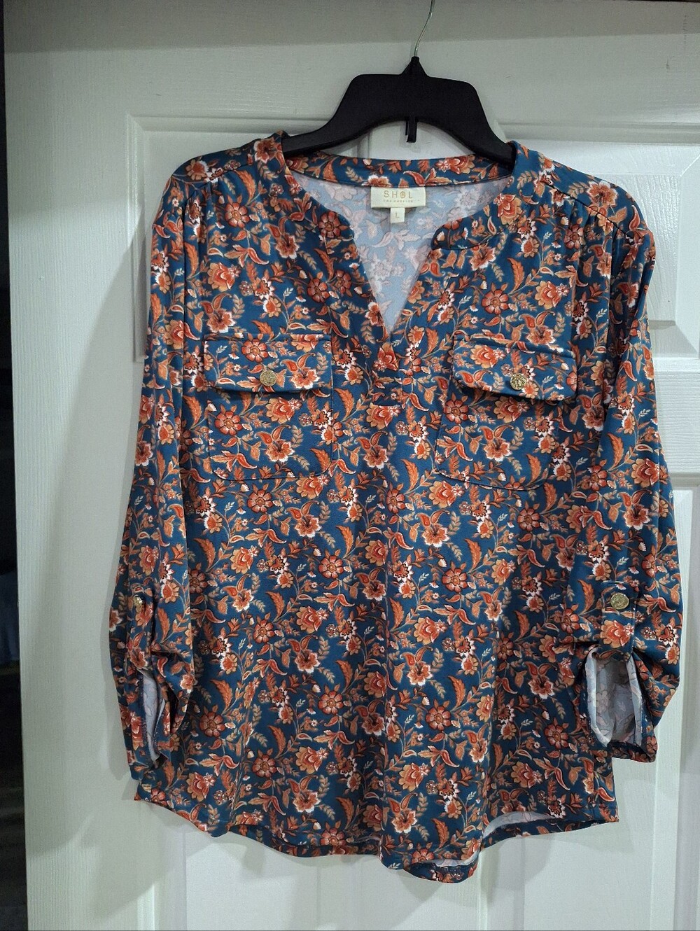Floral Button-Front Blouse in Teal and Rust By Shol